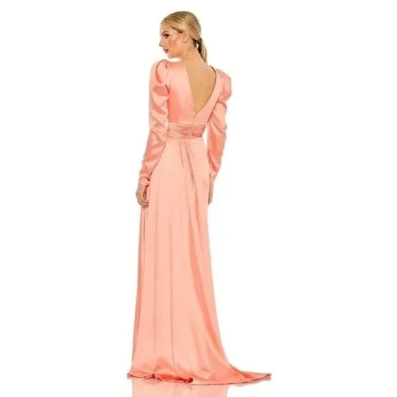 Mac Duggal Faux Wrap Puff Shoulder Long Sleeve A-Line Gown Peach Size 12 12404 Dresses